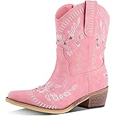 Shofrindy Western Cowboy Boots for Women Rhinestone Cowgirl Boot with Low Block Heel Embroidery Sparkly Short Ankle Booties Walking Bootie for Country Concert Disco Outfits