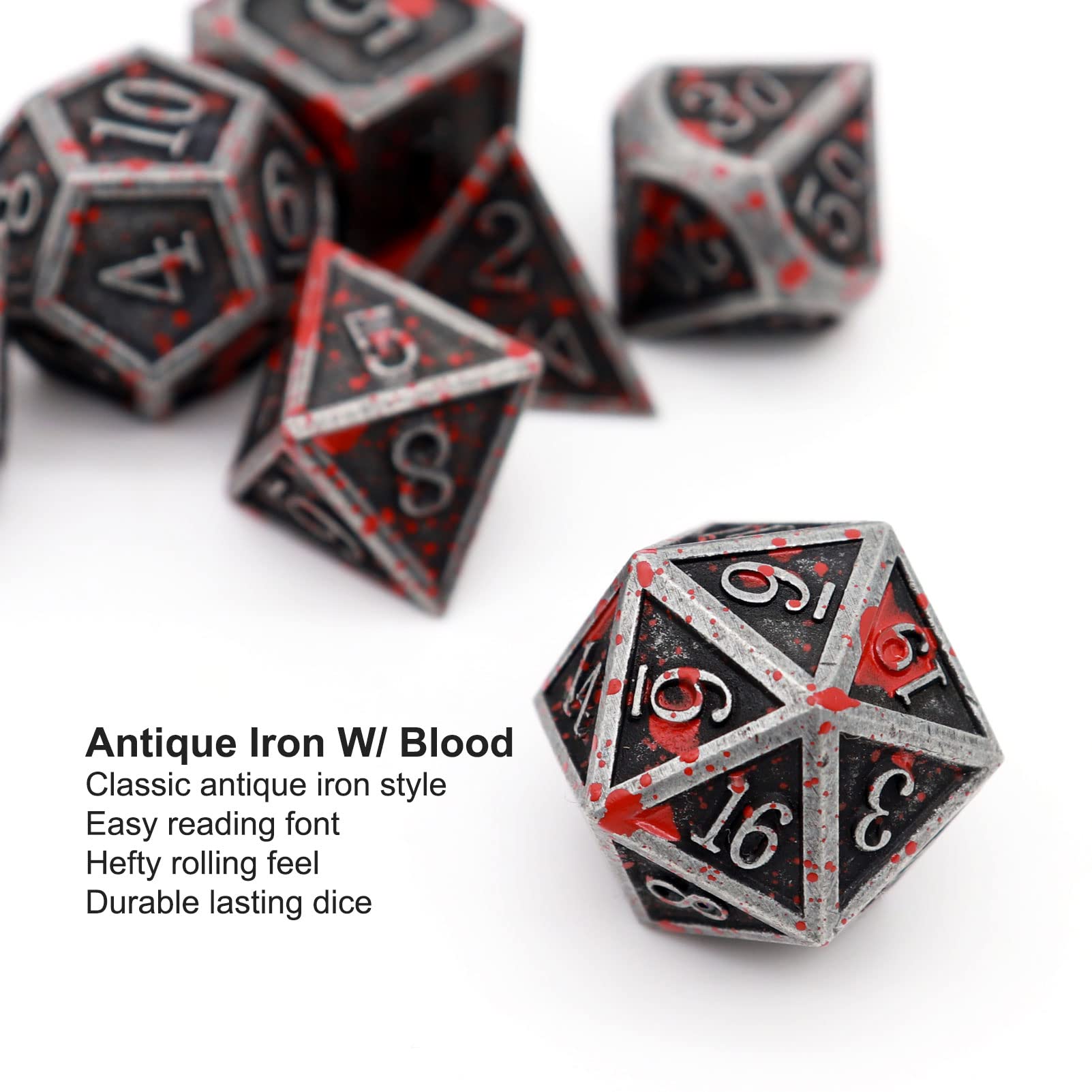 Haxtec Bloodstained Metal DND Dice Set Blood Polyhedral D&D Dice Compatible with Dungeons and Dragons Gift TTRPG Antique Metal Halloween Dice