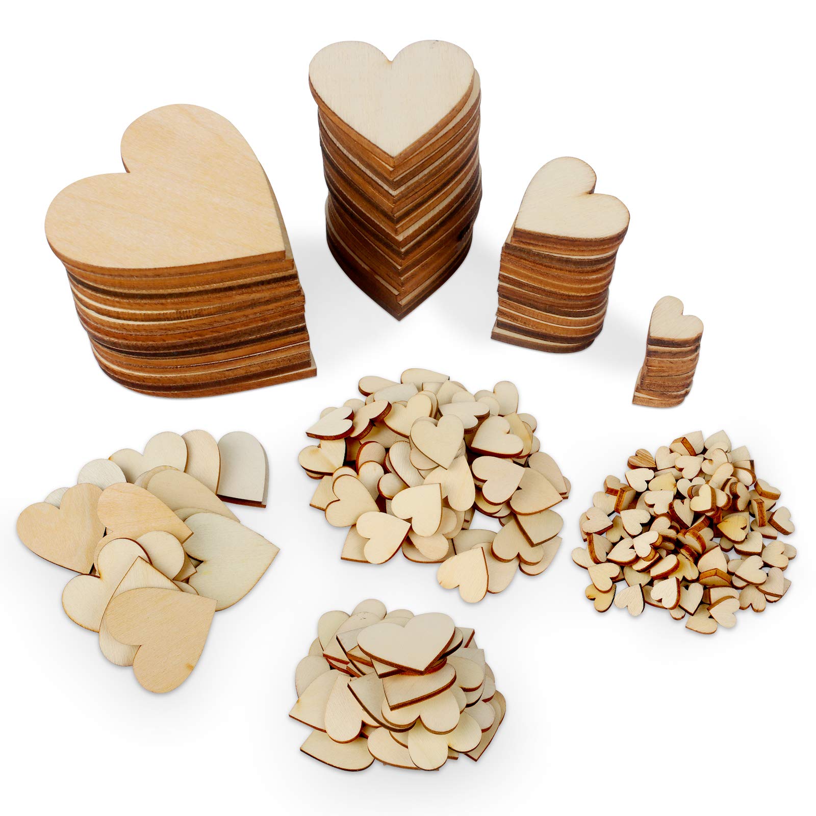 Dadabig 600Pcs Mini Wooden Heart, Wooden Craft Shape Embellishment Blank for DIY Art Craft Wedding Birthday Party Decoration, 10mm 20mm 30mm 40mm