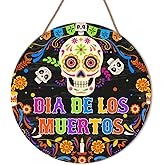 HSNBT Dia De Los Muertos Sign Decor Day of The Dead Decor for Home Front Door Porch Party Mexican Sugar Skulls Wooden Hanging Sign Decorations