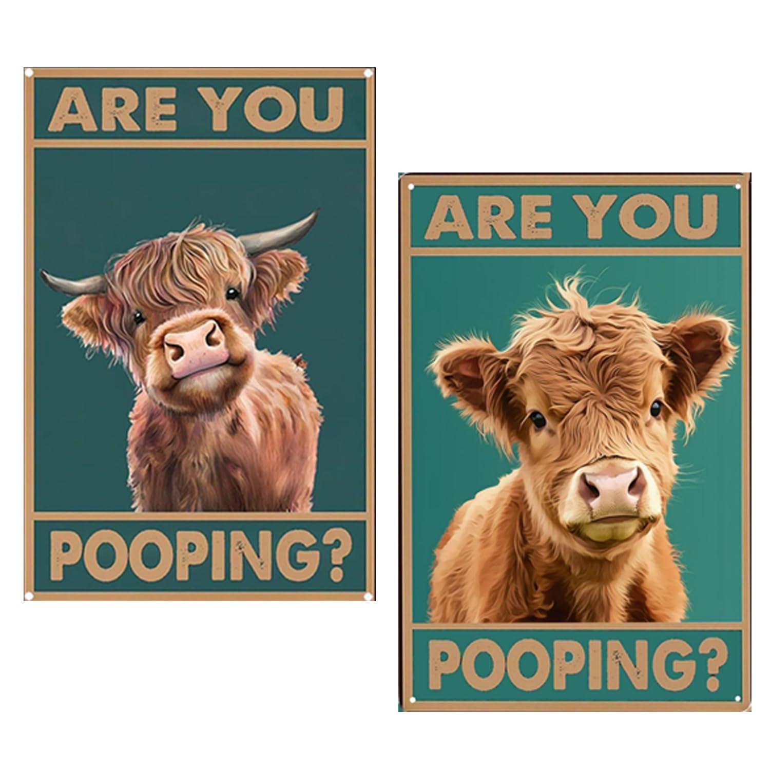 Photo 1 of 2 Pack Vintage Highland Cow Tin Sign - Funny "Are You Pooping?" Bathroom Wall Decor for Western & Highland Cow Lovers 8 x 12 Inch