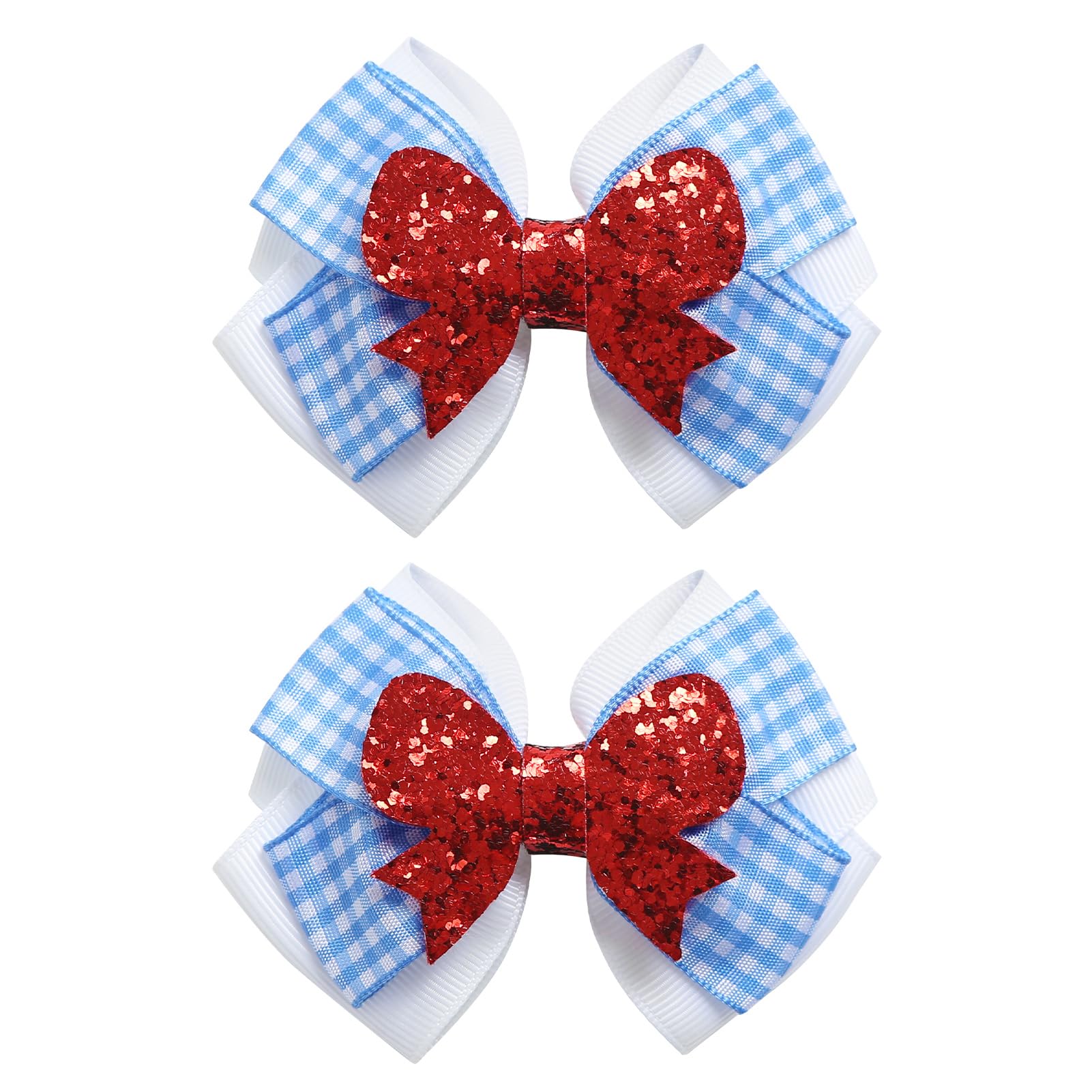 Photo 1 of 2PC Blue White Gingham Hair Bow Clips 3.5 Inch Checker Pigtail Bows Wizard Hair Accessories