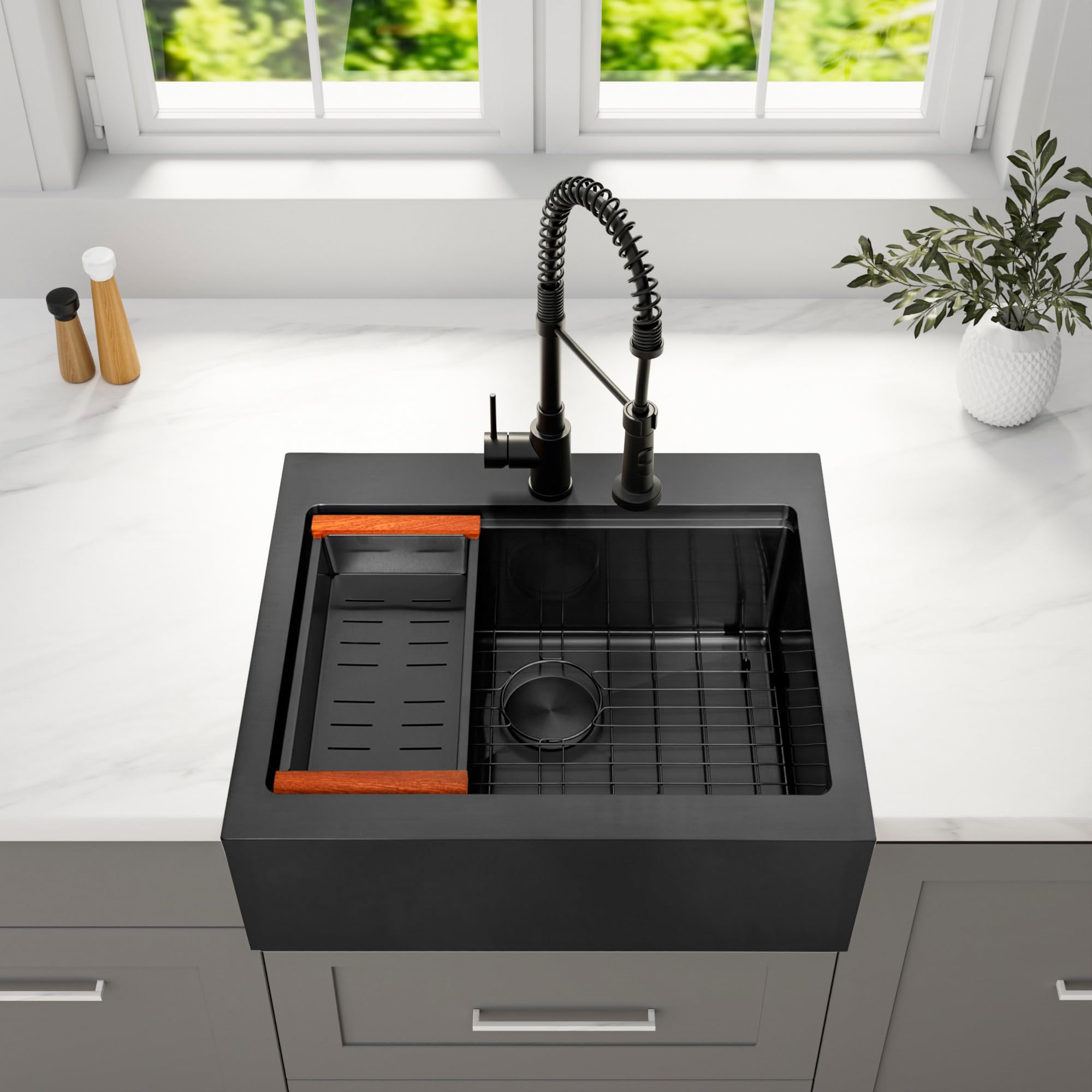 Photo 1 of YetCrest 26 Inch Farmhouse Black Sink, 16 Gauge 304 Stainless Steel Farm Sinks, Drop In Topmount Single Bowl Workstation Sink with all Accessories, 26" x 22" x 10" Deep Kitchen Sink