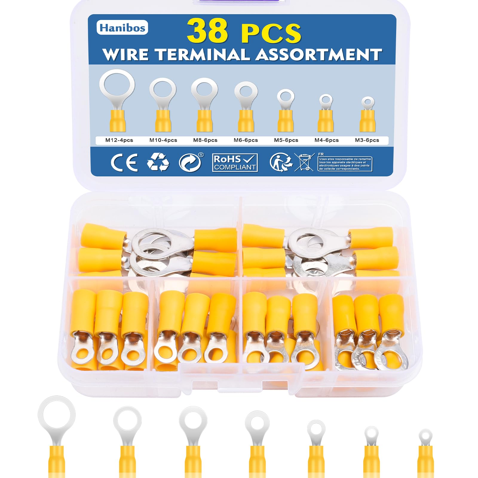 Hanibos 38 Pcs Yellow Ring Terminals 4-6mm² Ring Crimps Terminals Connectors M3 M4 M5 M6 M8 M10 M12 Insulated Ring Terminals Crimps Connectors 12-10AWG