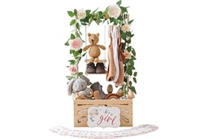WOODEN TEETHER Wooden Baby Shower Crate Closet Baby Basket with Adjustable Handle and Garland Portable Storage Crate Hamper Baby Shower Wooden Gift Crate Baby Personailzed Basket for Pregnancy New Parent