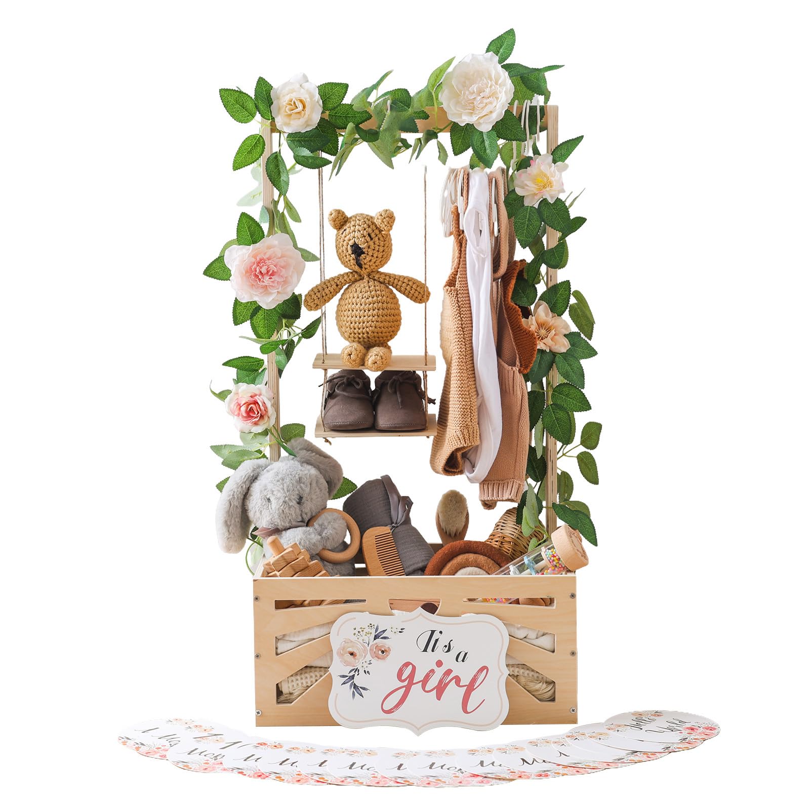 Photo 1 of Wooden Baby Shower Crate Closet Baby Basket with Adjustable Handle and Garland Portable Storage Crate Hamper Baby Shower Wooden Gift Crate Baby Clothing Rack for Pregnancy New Parent