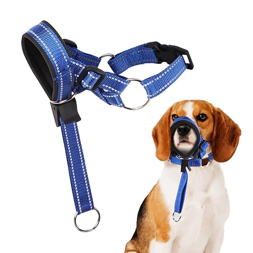 Dog Head Collar with Safety Strap, Adjustable Head Harness for Dogs, Padded Nose Band, Dog Headcollar to Stop Pulling, Anti Biting Barking (L)