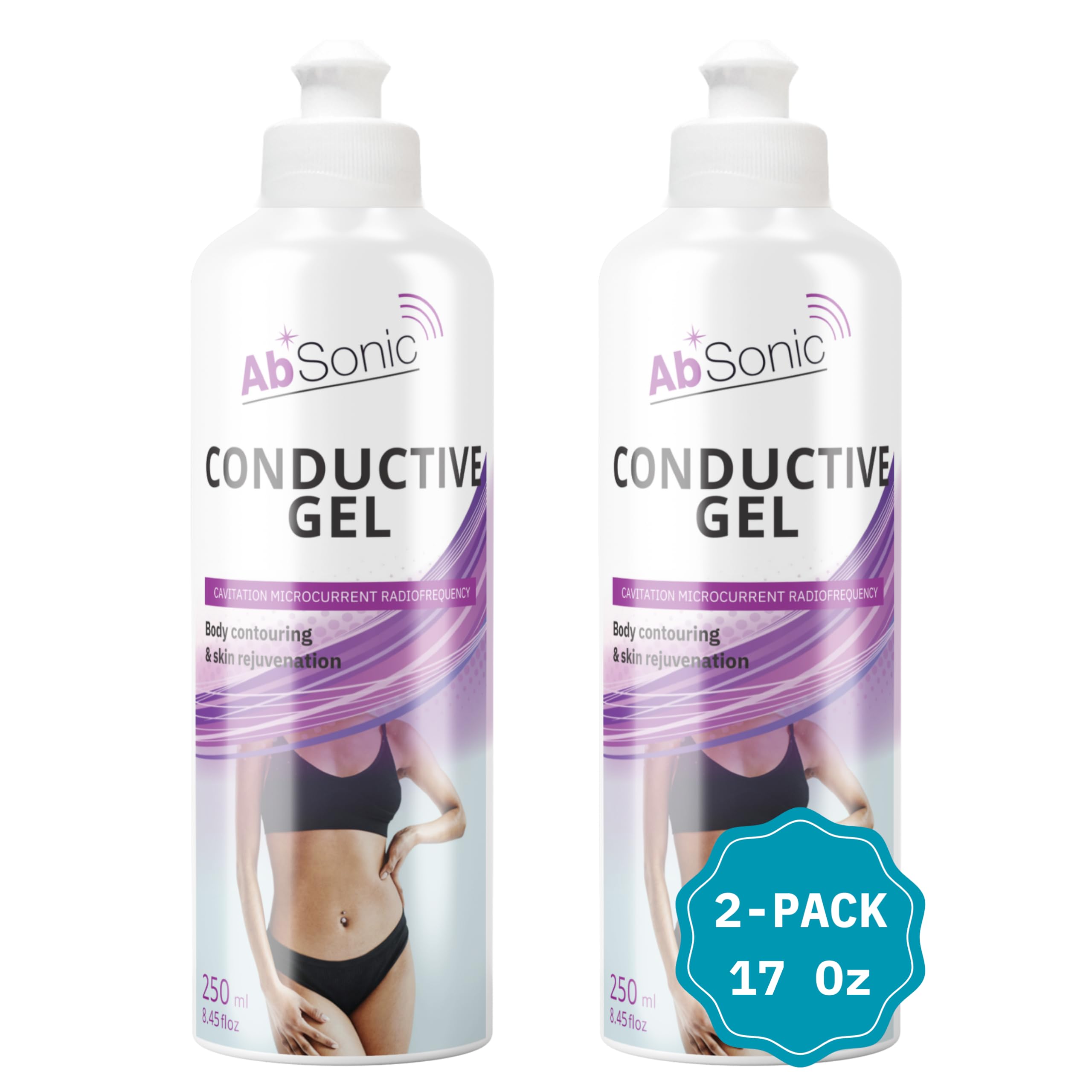 Absonic - Conductive Gel for Cavitation, Microcurrent, Radiofrequency, TENS, EMS, Muscle Stimulation, NuFace, Facial Devices, Body Sculpting & Skin Rejuvenation - 2x8.5 oz - Paraben-free