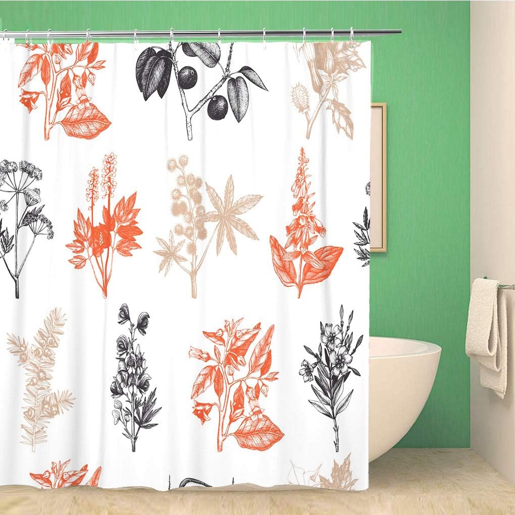 Topyee Shower Curtain Castor Poisonous Plants Vintage Botanical Oil Aconite Alcaloids Alkaloids 72x78 Inches Waterproof Polyester Bathroom Decor Curtain Set with Hooks