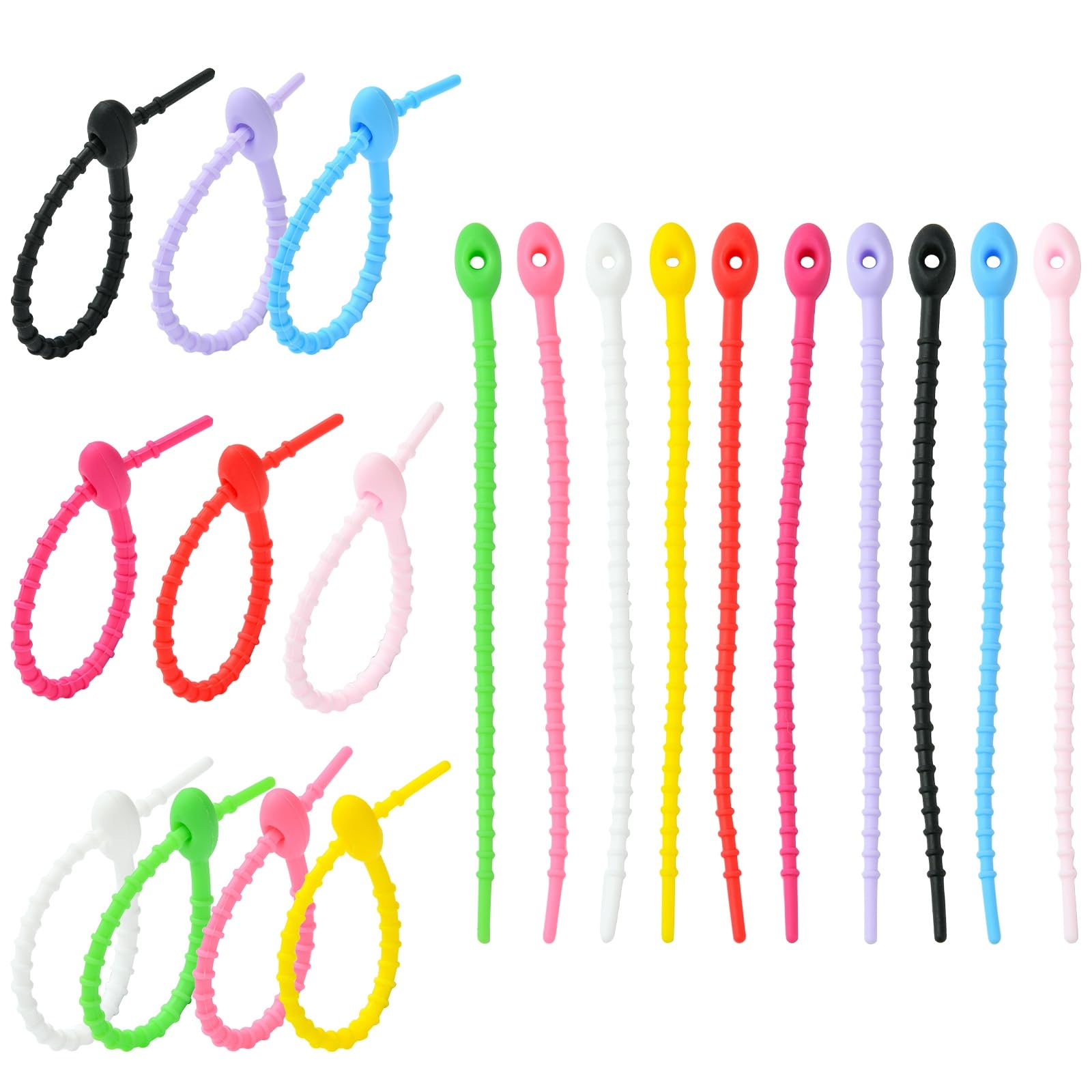 Ipotkitt 100pcs 10 Colours Oval Shape Silicone Zip Ties Reusable Twist Zip Ties Cord Organizer Rubber Straps for Home Office Table Desk Wire Management