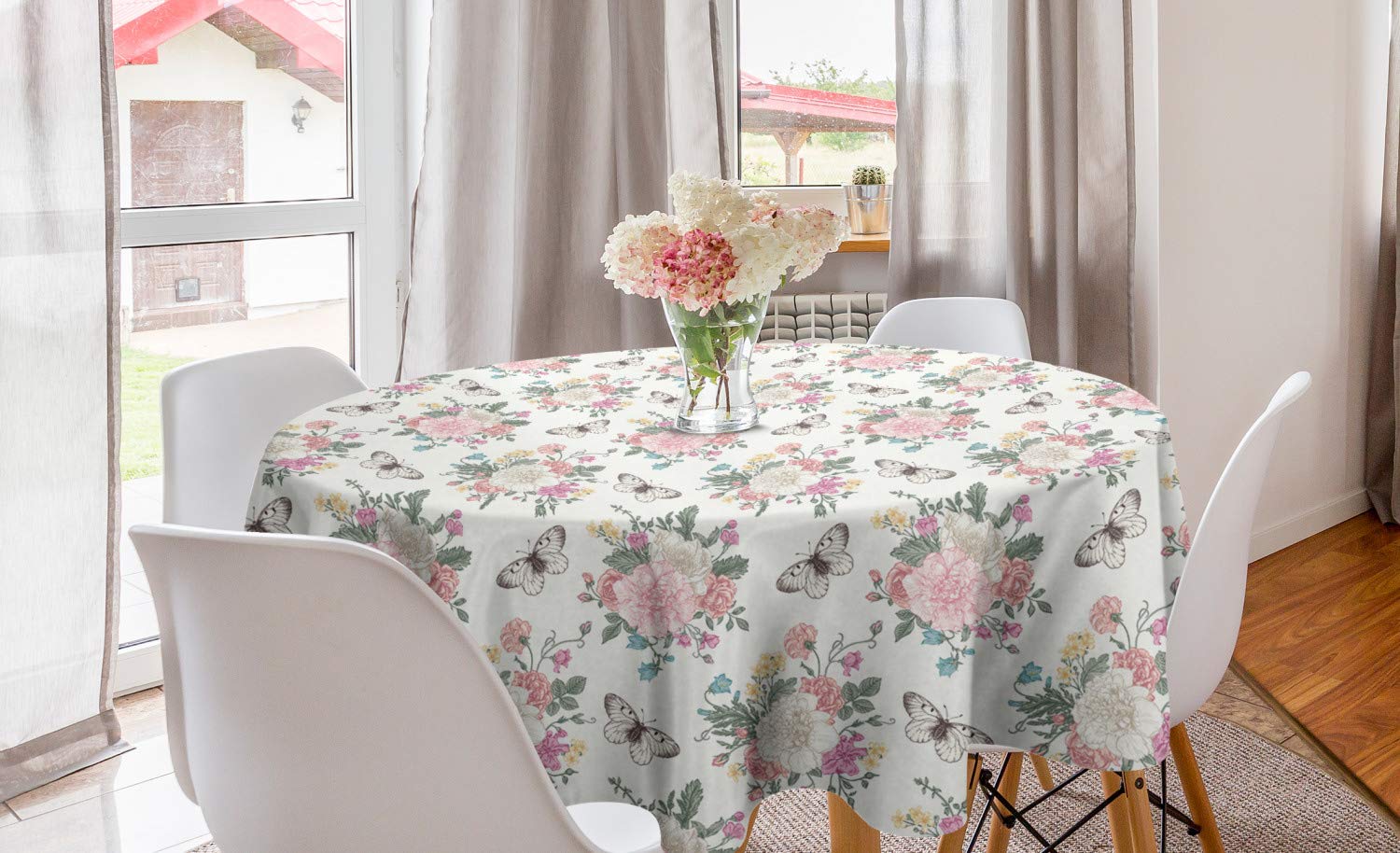 ABAKUHAUS Shabby Flora Round Tablecloth, Peonies Peas Roses Bouquet Butterflies Pastel Tones Bridal Theme, Circle Table Cloth Cover for Dining Room Kitchen Decoration, 60", Pale Pink Green