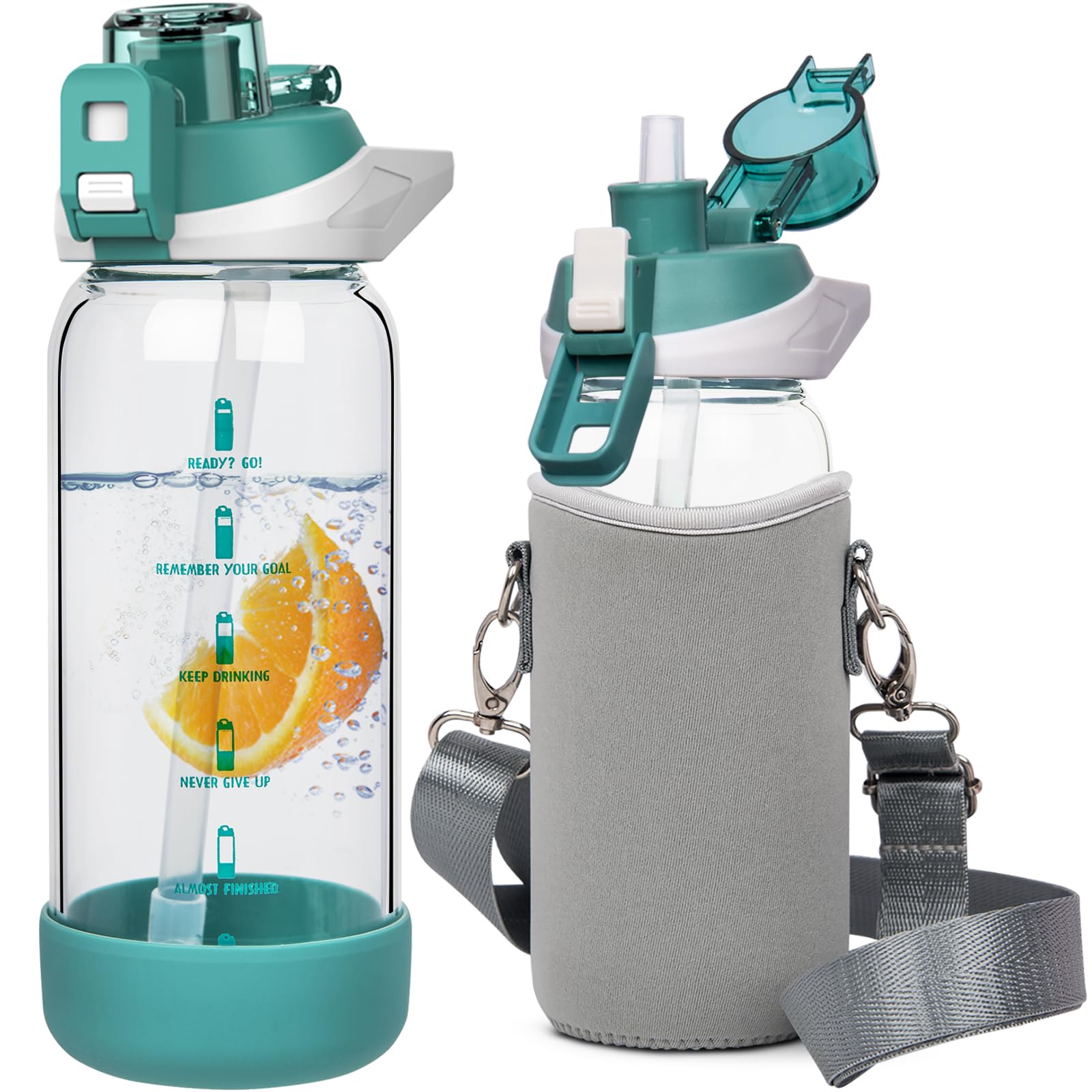 Seekua 600ml Glass Water Bottle with Straw & Time Markings BPA free Motivational Glass Drinking Bottle Leakproof