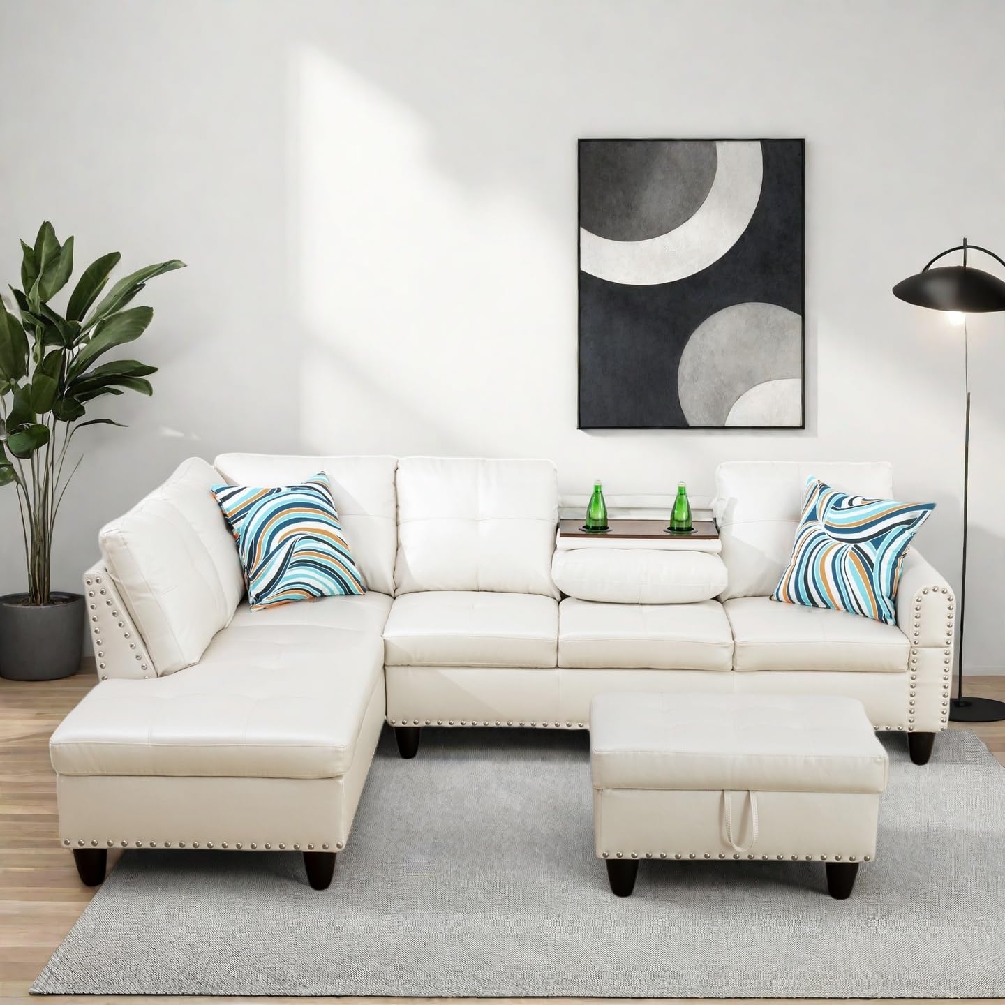 Photo 1 of **FULL OTTOMAN ONLY W/LEGS****GlasFlength Modern Living Room Furniture Sets with Cup Holder, Modular Sectional Couches with Chaise Lounge, 4-Seaters L Shape Sofa with Storage Ottoman, for Living Room, Faux Leather, White