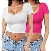 2 Piece Women's Square Neck Short Sleeve Crop Top Y2K Shirt Slim Fitted Casual Base Layer Workout Shirt Going Out Tops