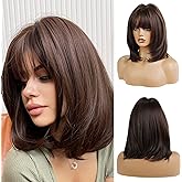 OUFEI 14 Inches Short Dark Brown Bob Wigs Straight with Bangs Slightly Curved Hair Ends Synthetic Hair Cosplay Daily Party Wig for Women Natural As Real Hair (Free Wig Cap)…