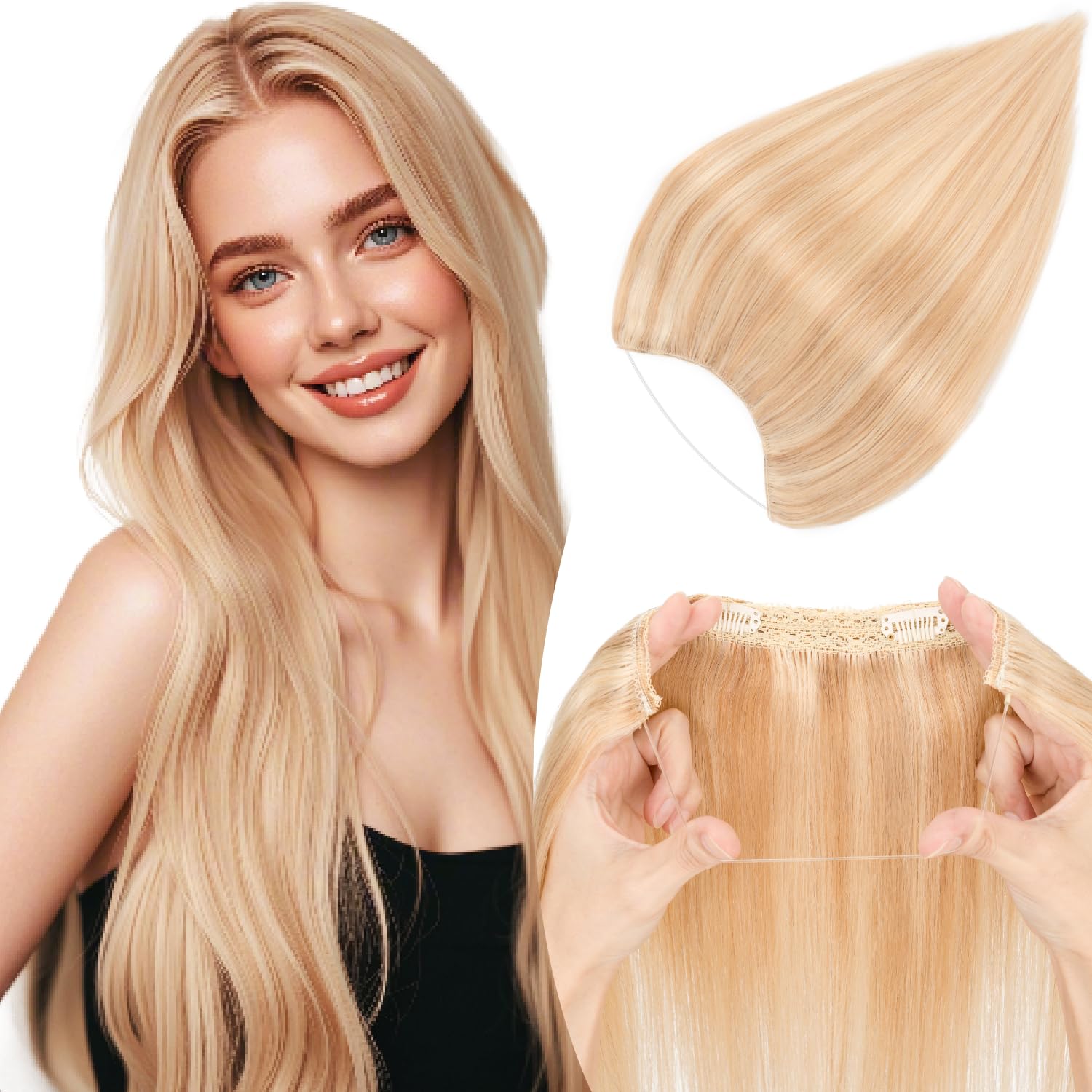 Photo 1 of TESSHAIR Halo Hair Extensions Straight, 100% Real Human Hair, Invisible Wire Extensions for Women,50g,12 Inch,#18P613 Gold Blonde Mixed Bleach Blonde
