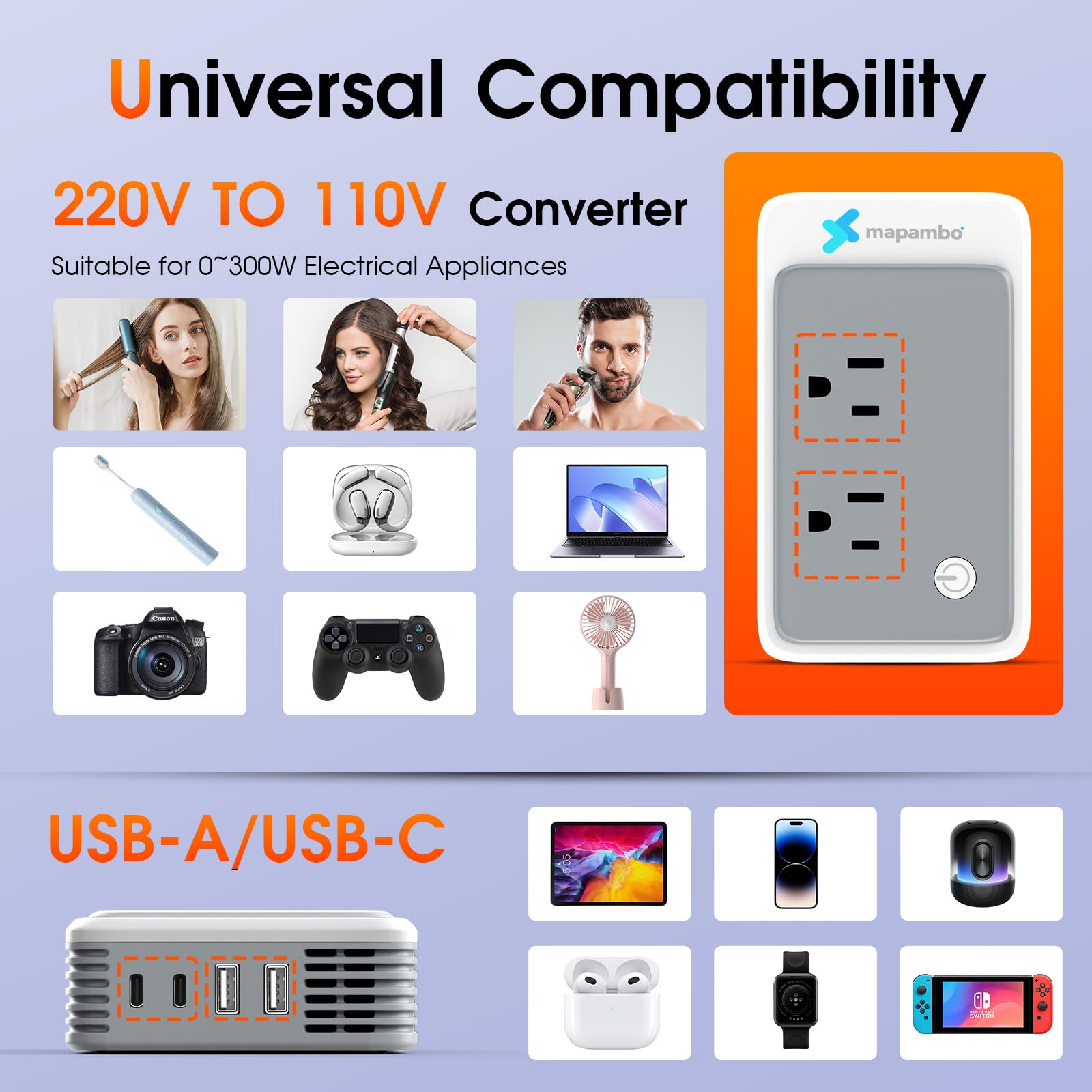 Mapambo Upgraded 300Watts 220V to 110V Converter for European Travel, 220 to 110 Voltage Converter US to Europe for Hair Straightener Curling Iron, European Travel Plug Adapter with 2 USB A 2 USB C