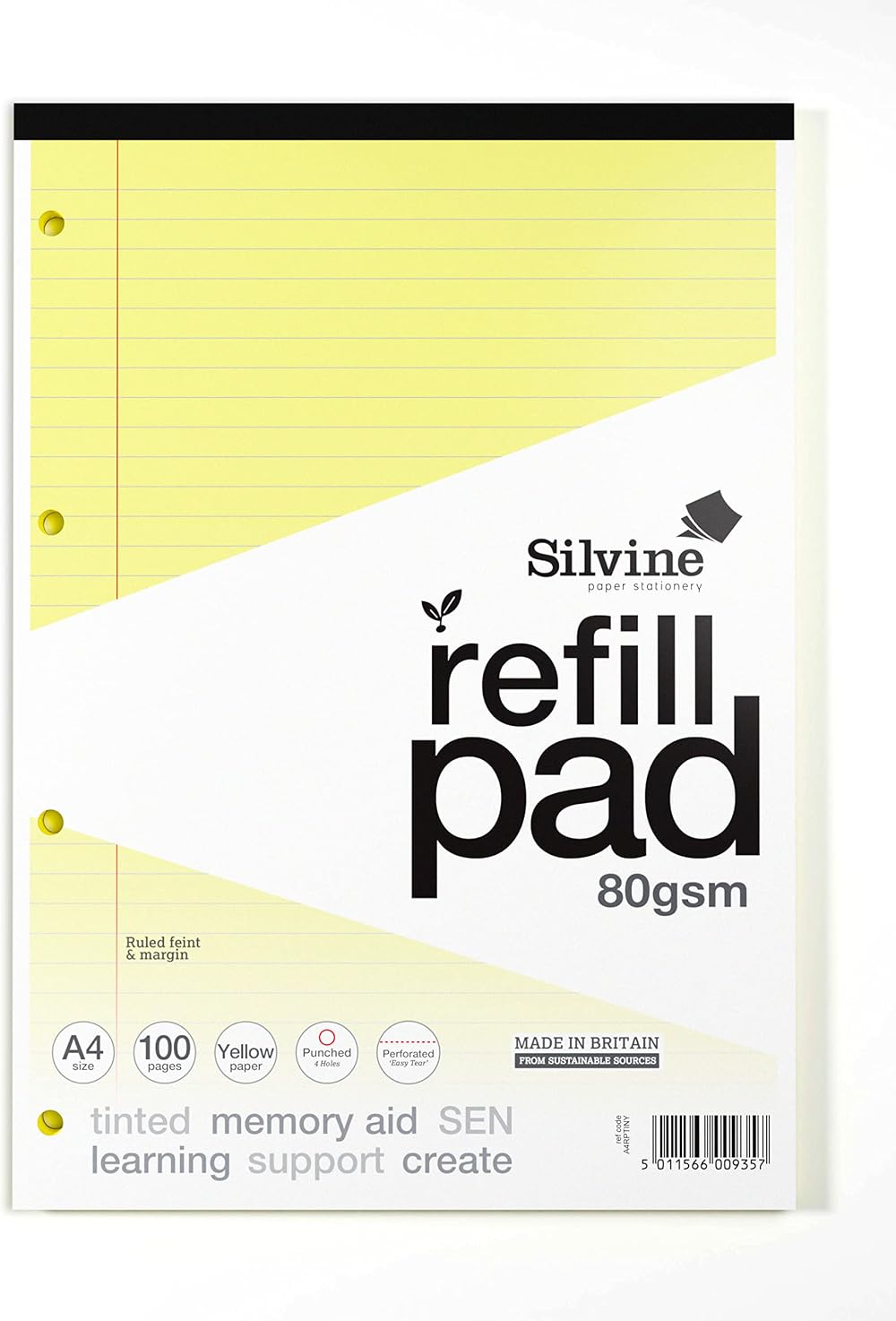 Silvine A4 Yellow Dyslexia Refill Pad 100 Pages Lined with Margin