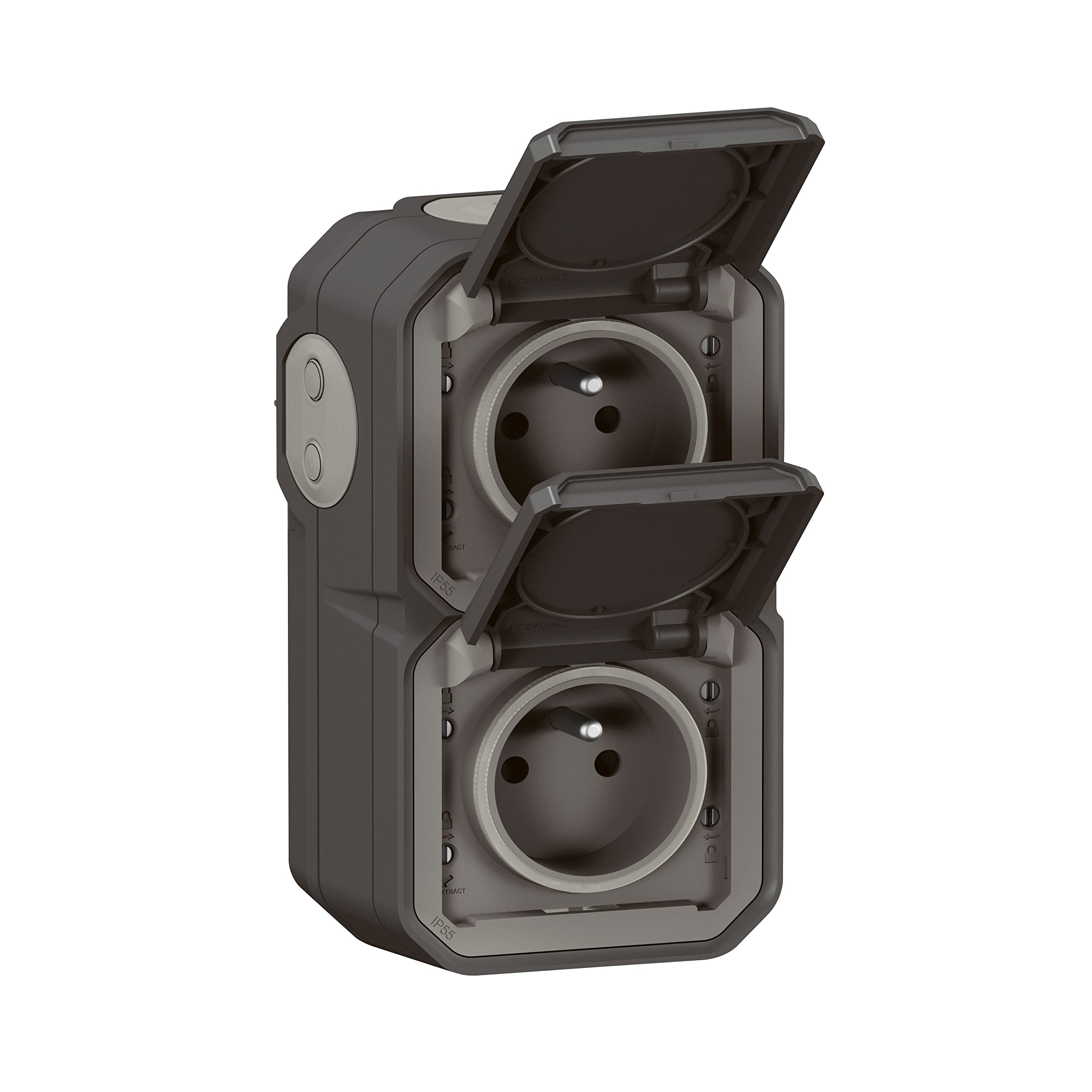 LEGRAND Waterproof Double Socket IP55 with Earth Plexo - Socket 2P + T 16 A Complete with Flap - Surface Mount - Vertical Mount - Made in France - Anthracite