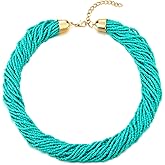 COOLSTEELANDBEYOND Turquoise Beaded Choker Necklace for Women, Multi-Strand Braided Statement Design, Boho Festival