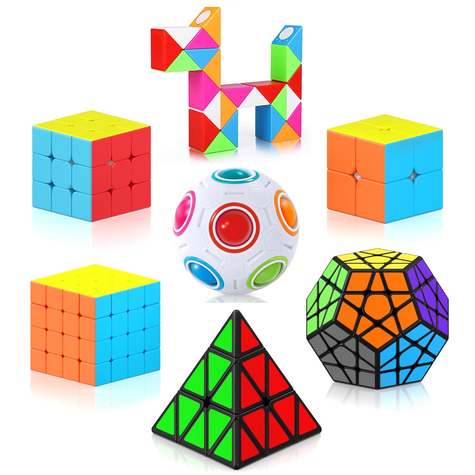 Vdealen Speed Cube Set, Magic Cube Set of 2x2 3x3 4x4 Pyraminx Megaminx Snake Cube Game, Christmas Birthday Party Gifts for Kids Teens Adults (7 Pack) — image 1
