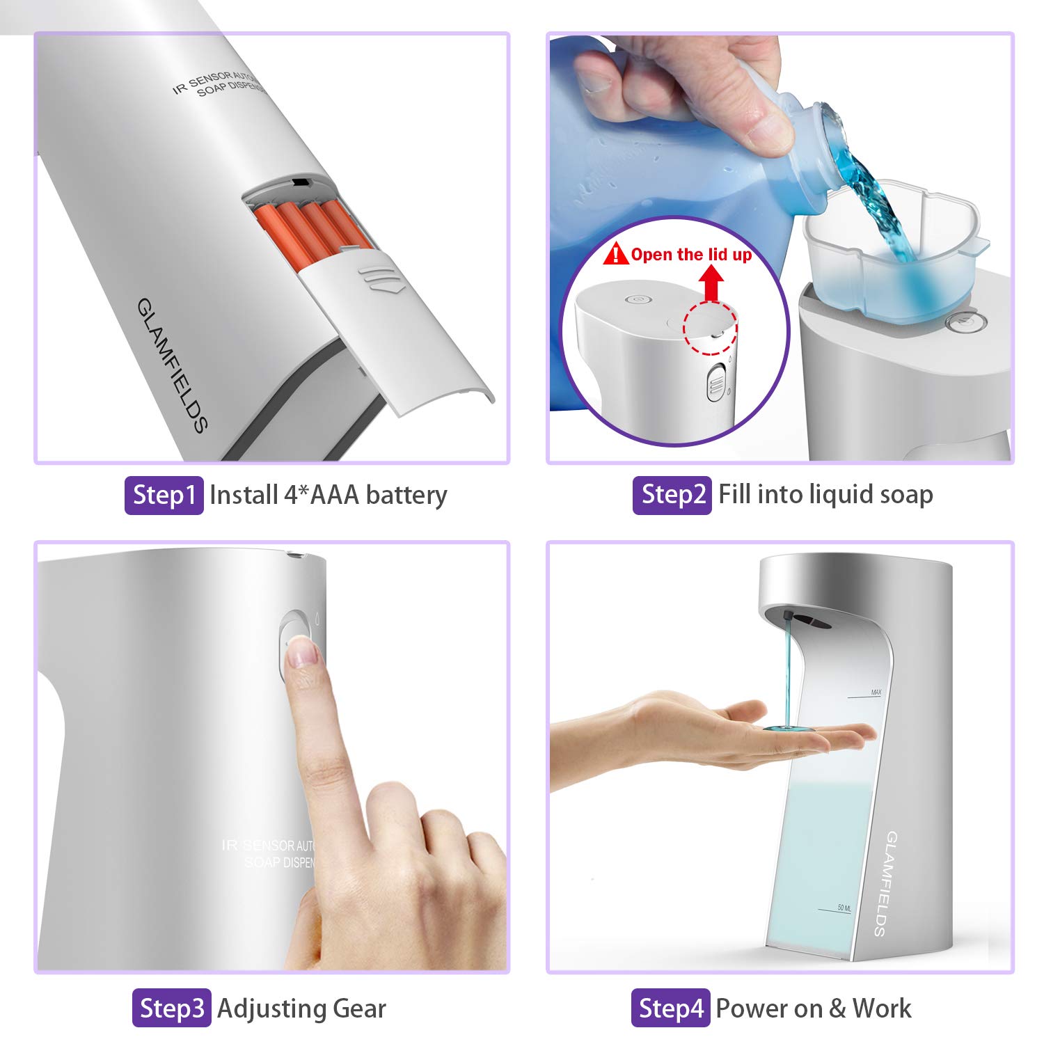 GLAMFIELDS Soap Dispenser Upgraded 13.5oz/400ml Touchless Automatic Soap Dispenser Hands-Free Liquid Dish Soap Dispenser, IPX4 Waterproof for Kitchen Bathroom (Silver)