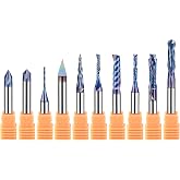 SpeTool 10PCS TAC Coated CNC Router Bit Set 1/4 Inch Shank, Solid Carbide CNC Router Bits &amp; End Mills for Woodworking Trimming Engraving Carving Sign Making Slotting&mdash;for Wood, Plastic and Aluminum