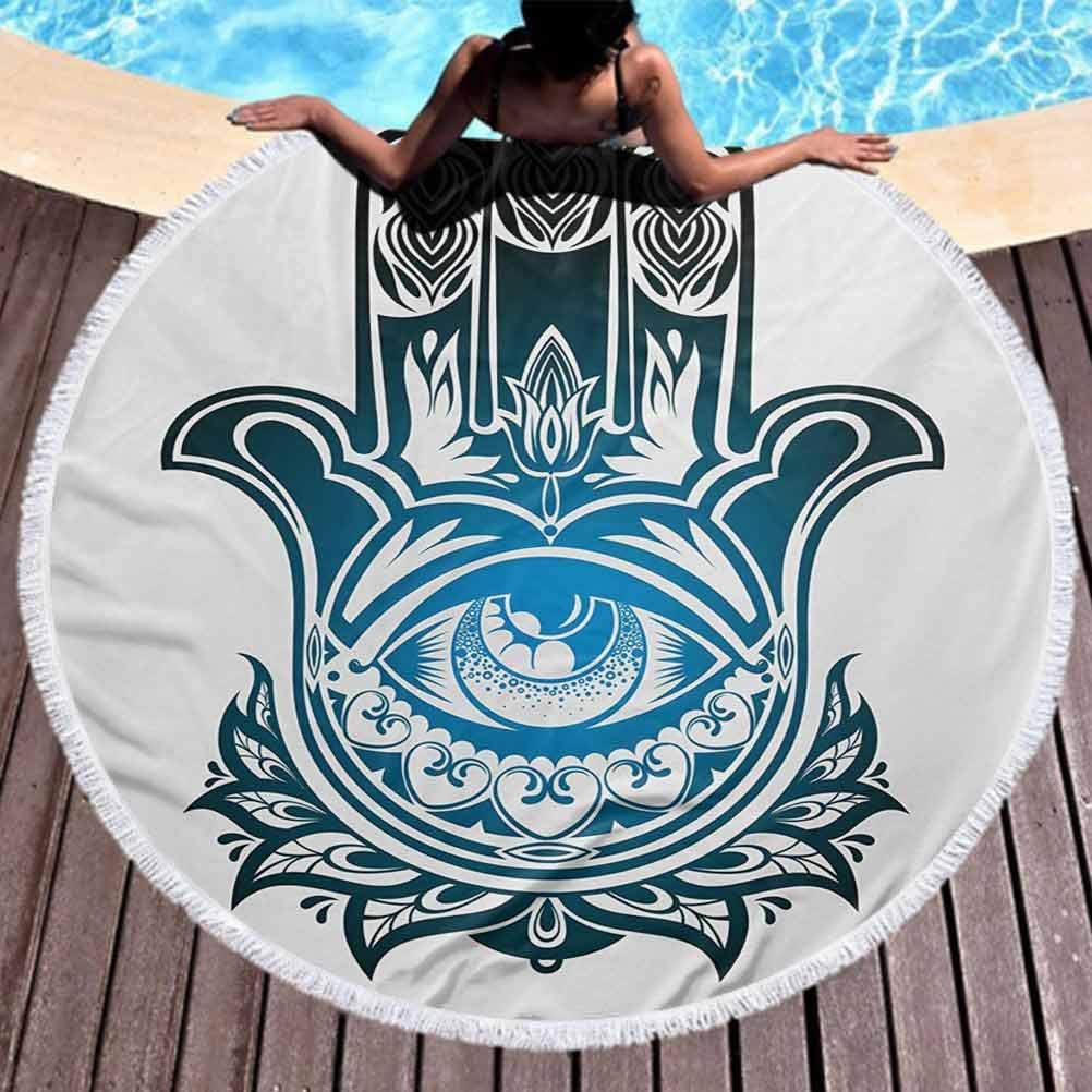 prunushome Round Beach Towel Hamsa Multi-Purpose Beach Throw Towel Evil Eye Inside The Hand of Fatima Spiritual Esoteric Protection Ancient Icon Used for Meditation, Poolside Lounging (Diameter 59")