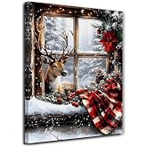 JINYO Vintage Winter Christmas Reindeer Canvas Wall Art Framed, Christmas Home Decor, Winter Window Reindeer Xmas Holiday Poster Prints Wall Decor for Home Bedroom Living Room, 11x14 Inch