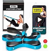 Stretching Strap with Loops - Non Elastic Yoga Strap for Physical Therapy | Video Exercises Included - Stretch bands for Stretching Equipment and Flexibility - Fascia, Hamstring &amp; Leg Stretcher Belt
