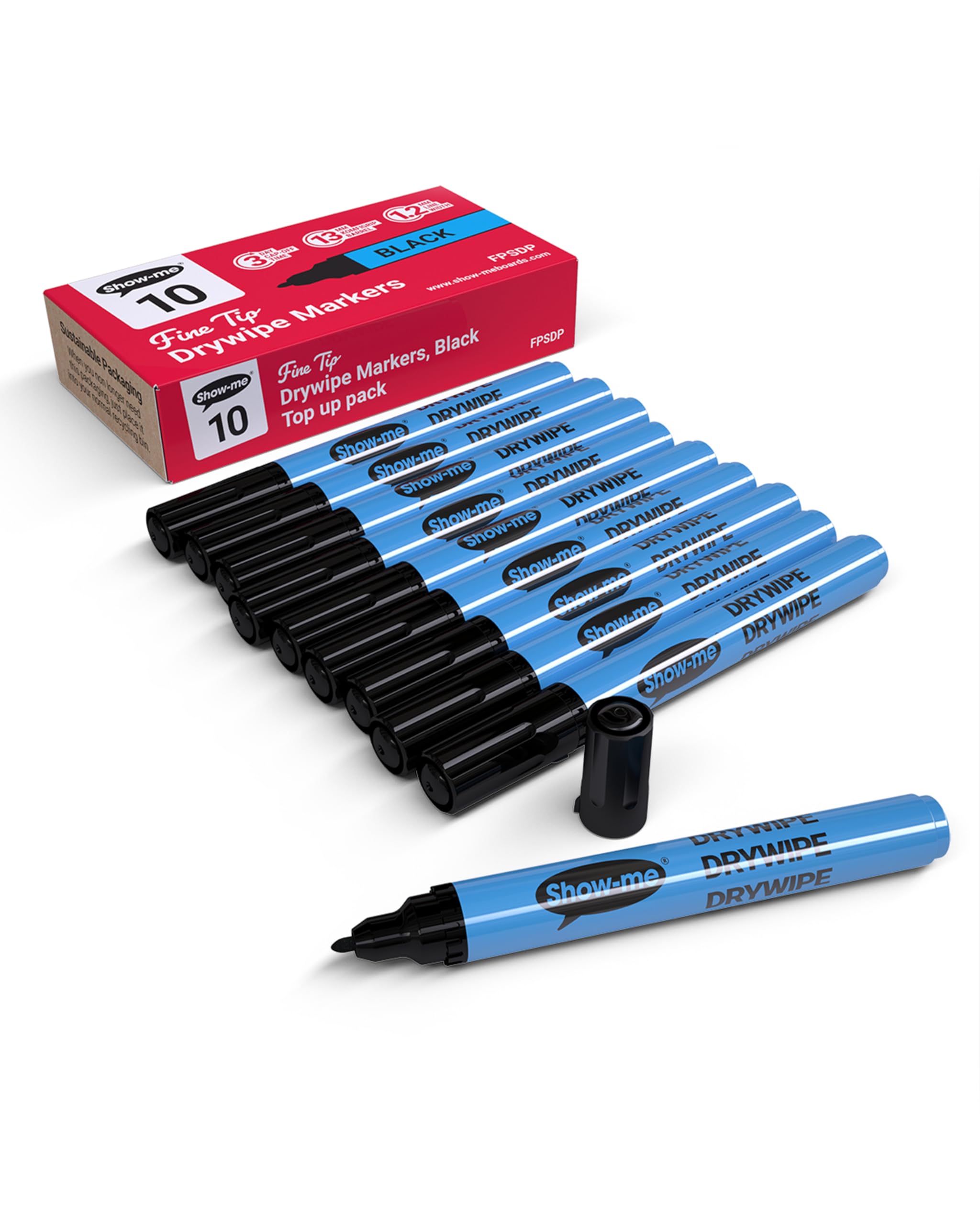 SHOW-ME - Whiteboard Markers | Drywipe, Erasable Black Fine Tip 1.2mm Line | Classroom Board Writing Pens with 3-Day Cap-off, Box of 10