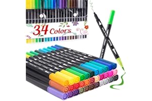 REAEON Coloring Markers Pen, Dual Brush Tip Marker for Adult Coloring, 34 Color Calligraphy Fine Tip Pen for Beginner Journal Planner, Drawing, Doodle