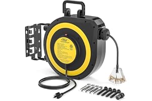 CRST 50 FT Retractable Extension Cord Reel, 14AWG/3C SJTOW Heavy Duty Power Cord with 3 Grounded Outlets Lighted Triple Tap, 13A Circuit Breaker, 180° Swivel Bracket, ETL Listed