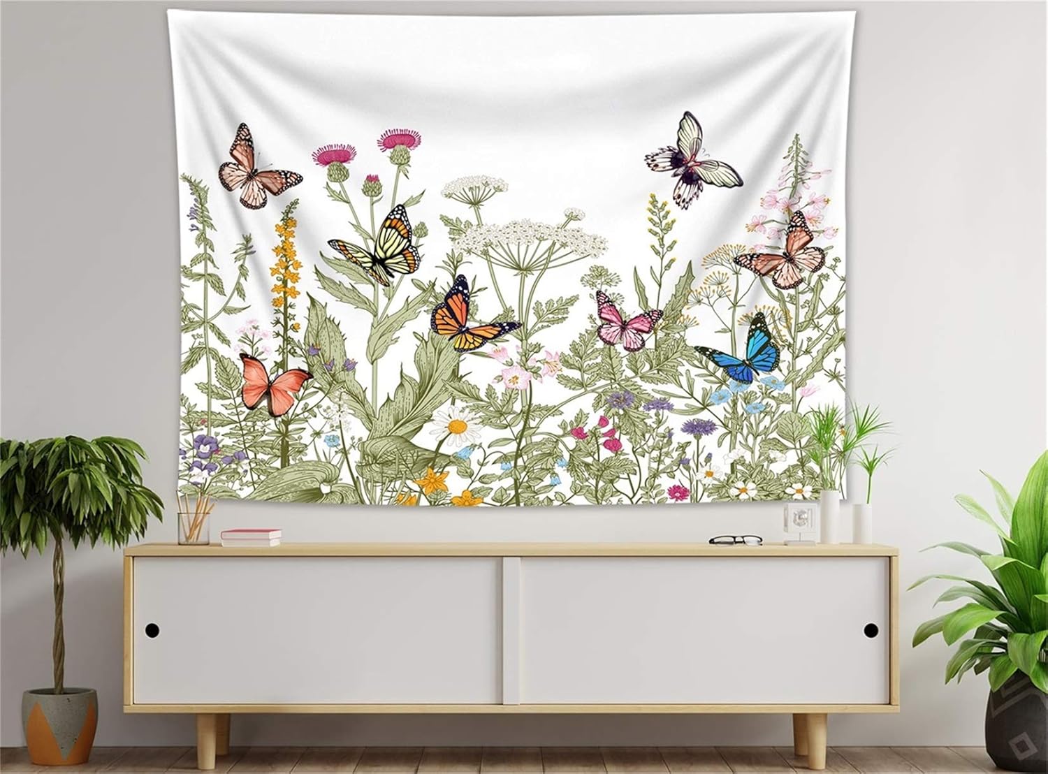 HVEST Colorful Floral Butterfly Tapestry Wall Hanging Retro Herbs and Daisy Teal Flower Tapestries Vintage Butterflies Nature Scenery Tapestry for Bedroom Living Room Indie Decor,59X51 Inches