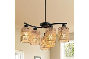 OTeedo 6-Light Boho Rattan Chandelier for Dining Room,Farmhouse Chandeliers Light Fixture,Adjustable Height Hanging Pendant Lighs for Kitchen Island,Wicker Lampshade Ceiling Lighting Fixtures