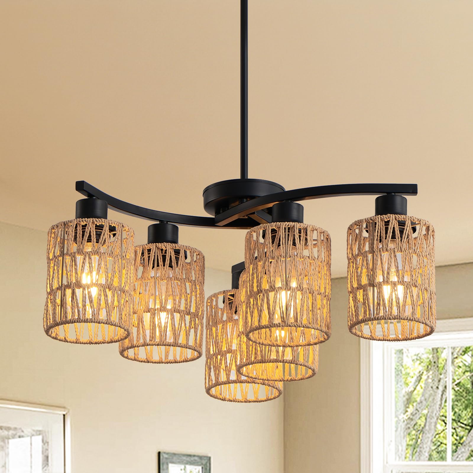 Photo 1 of OTeedo 6-Light Boho Rattan Chandelier for Dining Room,Farmhouse Chandeliers Light Fixture,Adjustable Height Hanging Pendant Lighs for Kitchen Island,Wicker Lampshade Ceiling Lighting Fixtures