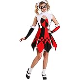 Womens Cute Court Jester Costume, Harley Quinn Jester Costume Dress With Petticoat, Collar, Arm Warmers, And Hair Ornaments