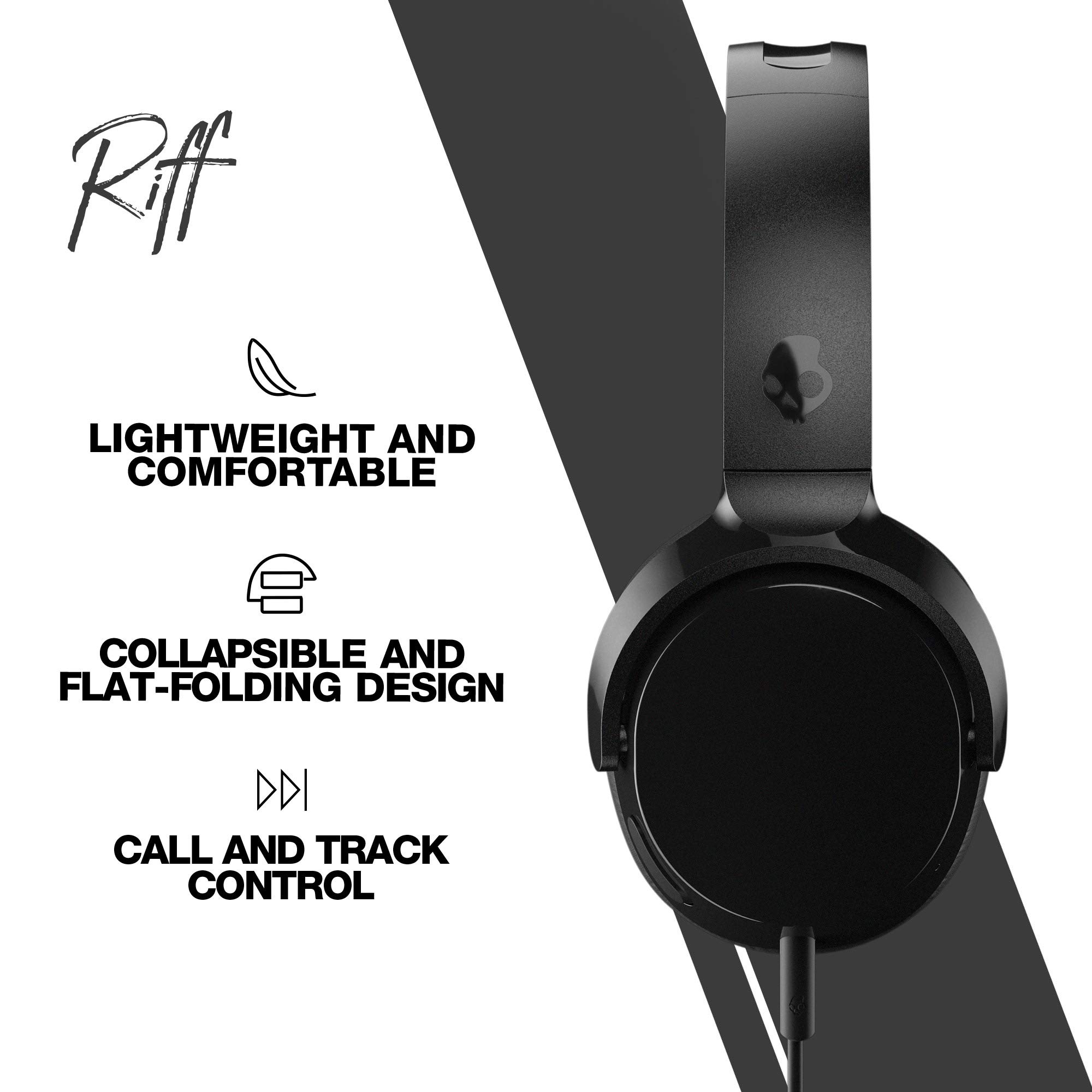 Skullcandy Riff On-Ear Wired Headphones, Convenient for Travel with 3.5mm Plug, Built-in Microphone, Foldable Lightweight Comfortable Design, Durable Headband - Black