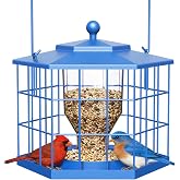 Birdream Squirrel Proof Bird Feeders for Outdoor Hanging, Metal Cage Bird Feeder with Rain Proof Covered for Wildbirds Bluebird Finches, Blue