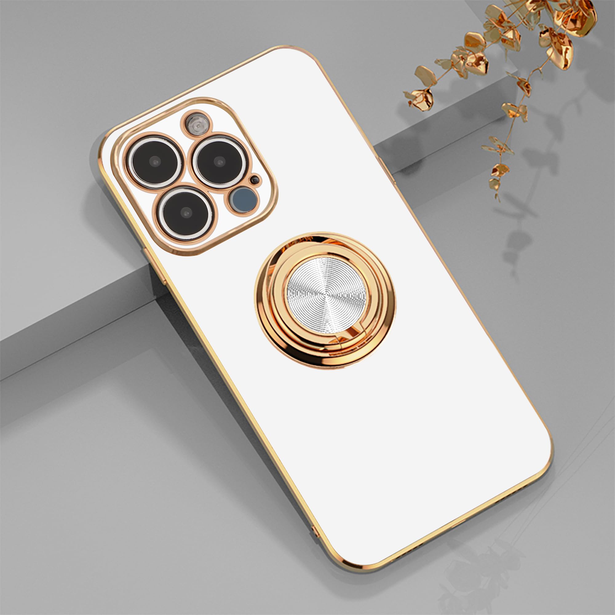 EYZUTAK Electroplated Magnetic Ring Holder Case for iPhone 14 Pro Max, 360 Degree with Rotation Metal Anti-fall Finger Ring Holder Magnet Car Holder Slim Soft Silicone Shockproof Cover - White