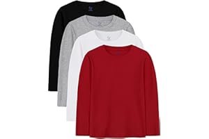 HoeVou 4 Pack Boys Long Sleeve Shirts Soft Cotton Basic Tees Youth Boys Long Sleeve T-Shirts Layering Shirts Tagless