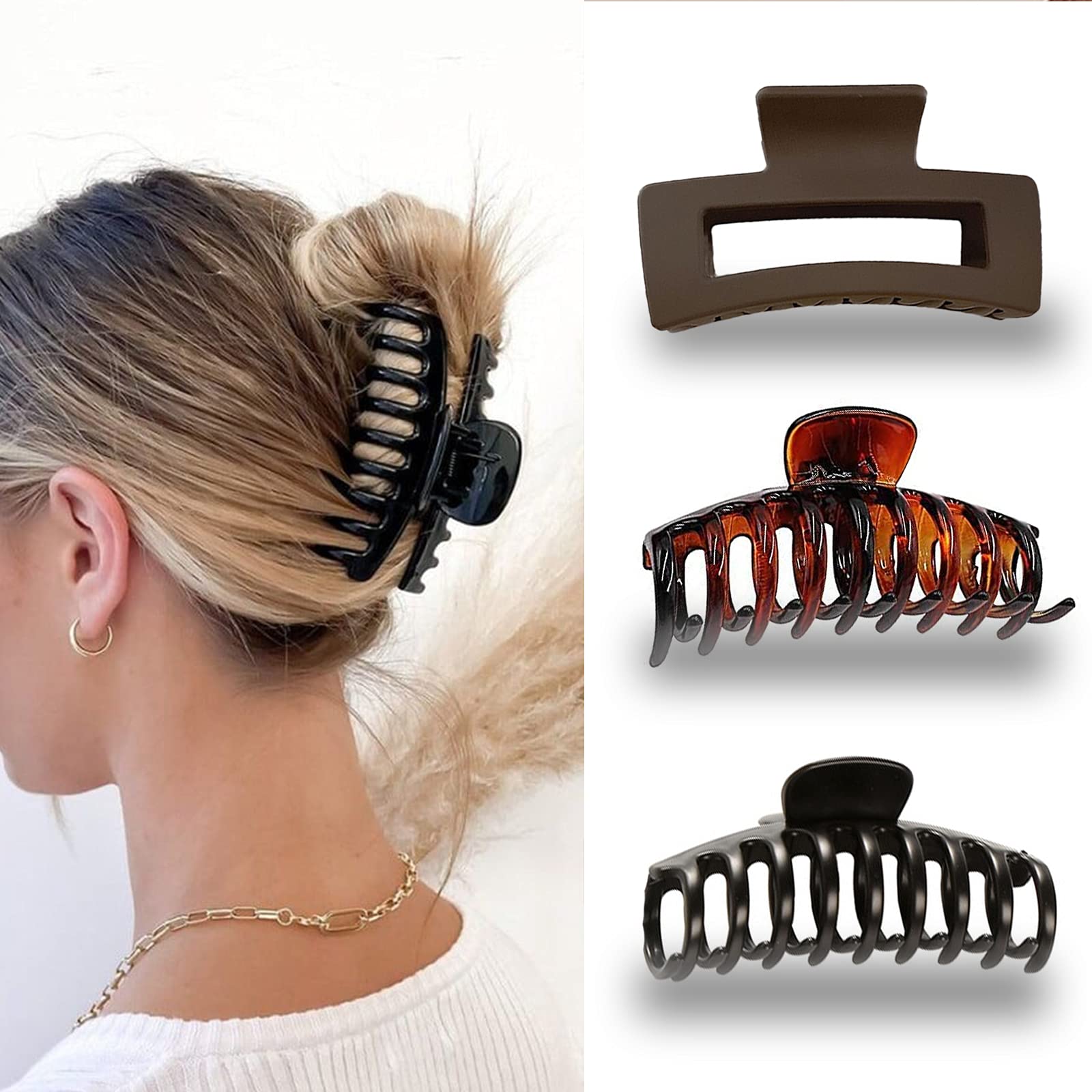 3Pcs Hair Claw Clips - Large Nonslip Jumbo Hair Clips for Thick Hair, Butterfly Hair Clip,Shell Claws,Strong Hold Hair Jaw Clips, Hair Accessories for Women Girls (Brown ，Amber，Black)