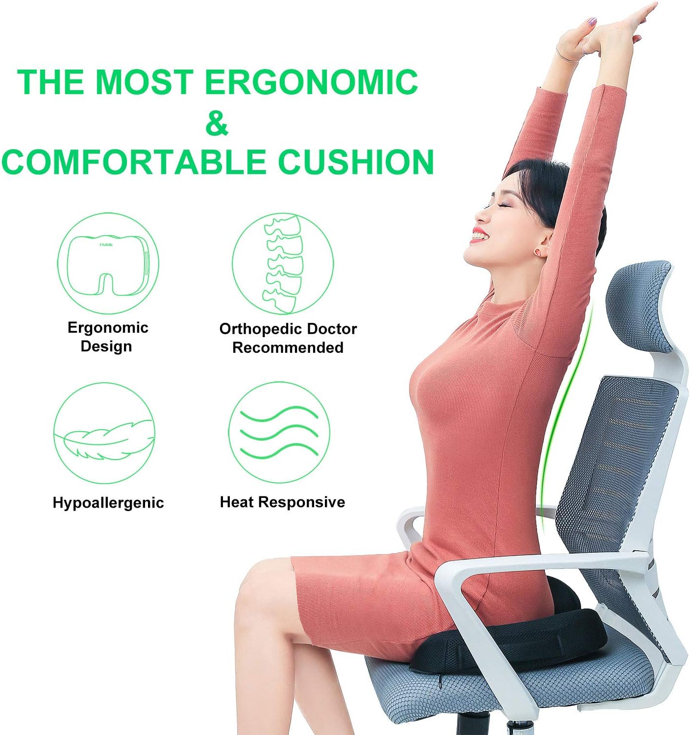 HUISILK Seat Cushion for Office Chair - 100% Pure Memory Foam Car Seat Cushion - Tailbone Pain Relief Cushion - Coccyx Orthopedic Pad - Relieves Back, Hip, Tailbone, Sciatica Pain: Home & Kitchen