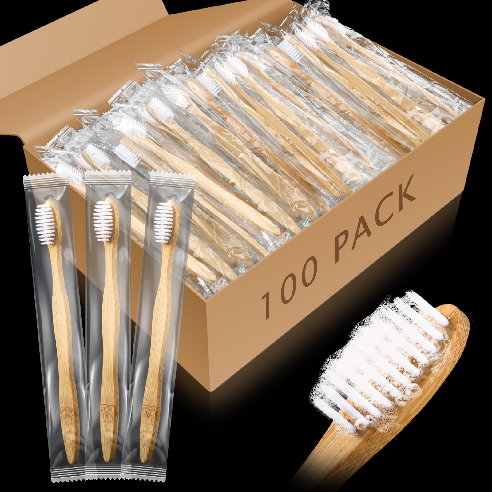 Photo 1 of Sliner 100 Packs Prepasted Disposable Toothbrush Bamboo Prepasted Individually Wrapped Pre Pasted Toothbrush with Bamboo Handles Homeless Gift Set for The Homeless (Classic Color)