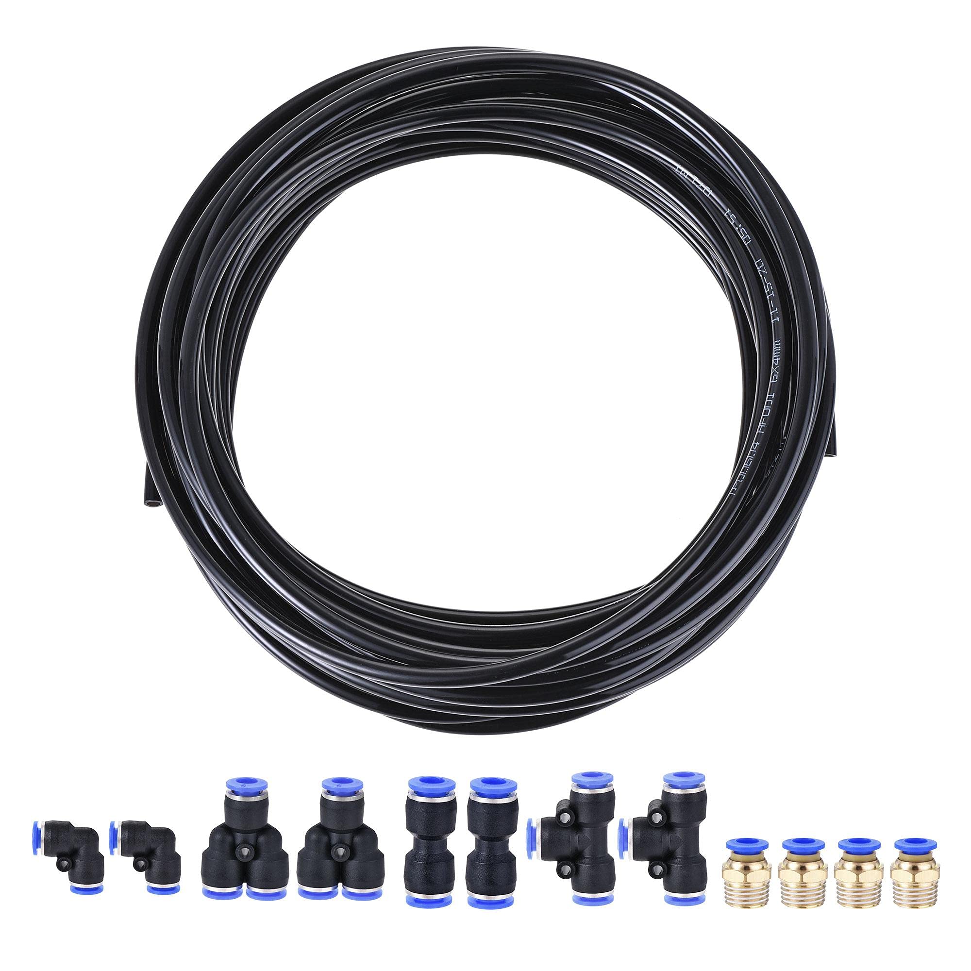 sourcing map Pneumatic PU Air Tubing Kit with Push to Connect Fittings for Air Hose Line Pipe 6mm OD 10 Meters Black