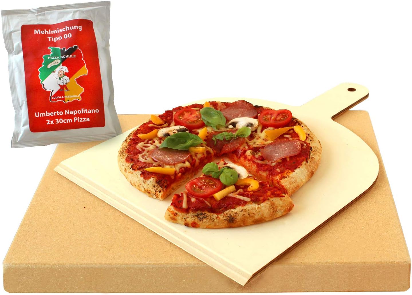 Vesuvo V38303 Pizza/Bread Baking Stone Set Rectangular 38 x 30 x 3 cm for Ovens and Barbecues with Pizza Paddle and Pizza Flour