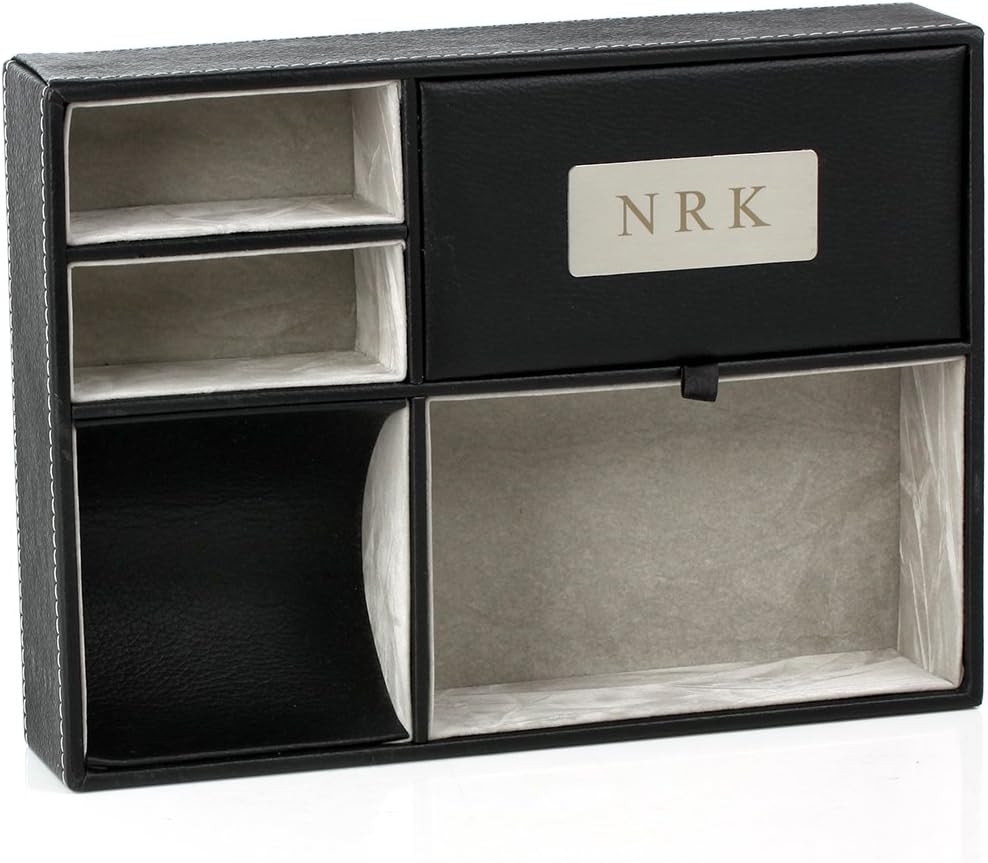 OnePlace Gifts Personalized Faux Leather Valet Tray, Nightstand or Dresser Top Ogranizer for Men, 5 Compartment Catch-All for Accessories Engraved