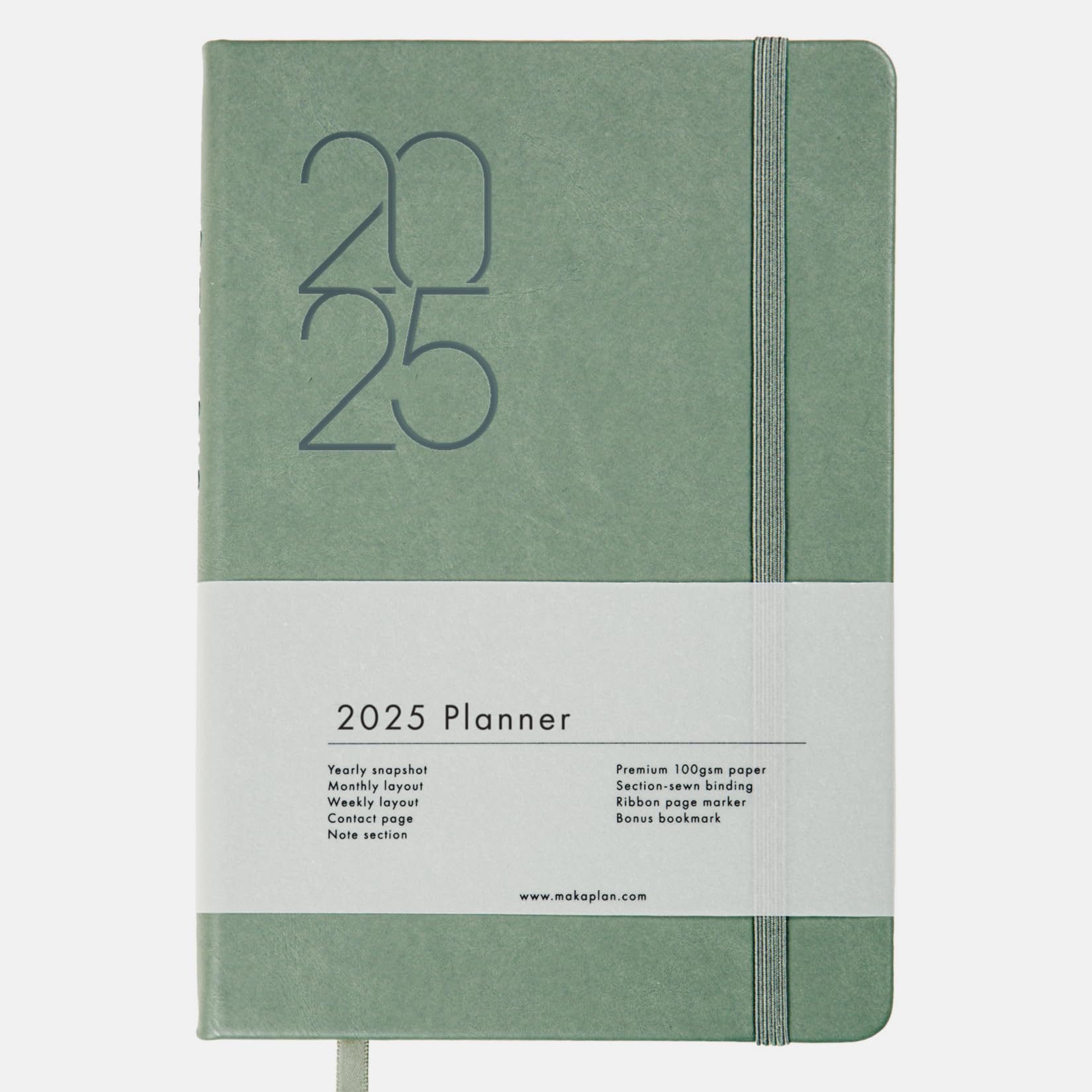 Photo 1 of 2025 Planner (Green) Soft-touch PU Leather Yearly Agenda, Ribbon Page Marker, Dated Planner for 2025, 8.1 x 5.9 Inch Smudge-Free Paper, Monthly, Weekly & Daily Layout with Bookmark & Elastic Closure