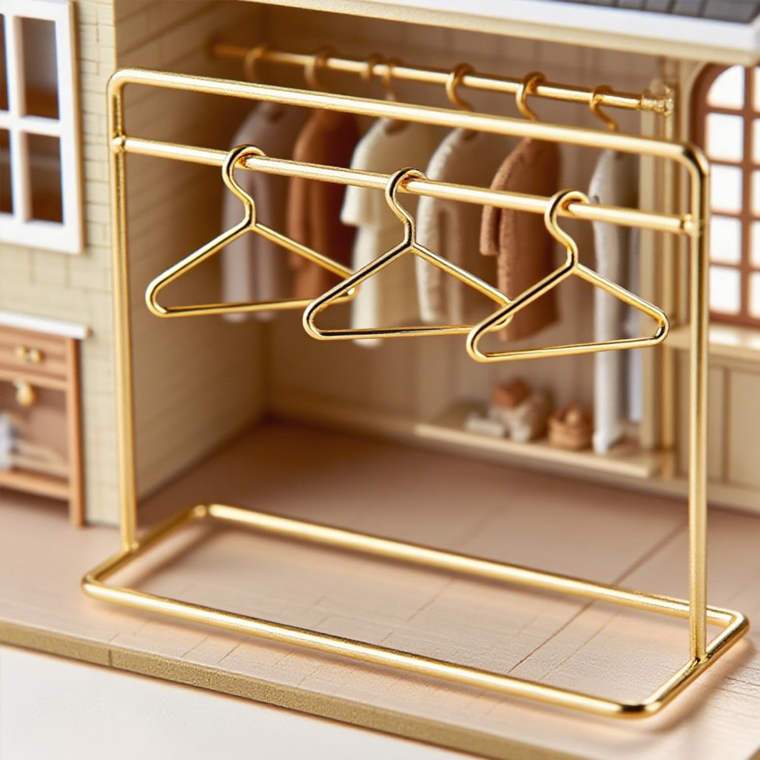Minamzee 1:12 Dollhouse Metal Garment Rack Set with 3Pcs Gold Clothes Hangers, Dollhouse Mini Clothes Storage Furniture Accessories for Bedroom,Living Room,Shower Supplies