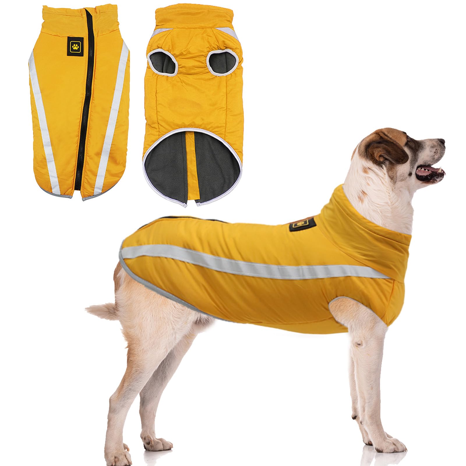 Jodsen Dog Coat Jacket, Warm Coats for Medium Large Dogs Jackets Waterproof Pet Winter Clothes Reflective Windproof Fleece Puppy Outdoor Bulldog, Golden Retriever,Labrador,Husky (5XL/60cm,Yellow）
